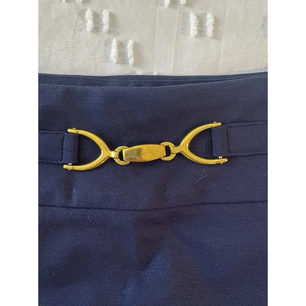Navy Stretch Pencil Skirt Gold Bit Hardware Equestrian Chic Classic Prep Work XL